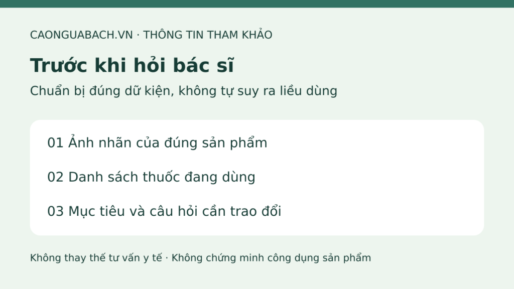 Ba nhóm thông tin cần chuẩn bị: ảnh nhãn, danh sách thuốc và câu hỏi cho bác sĩ.