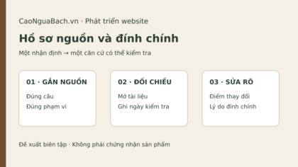 Sơ đồ hồ sơ nguồn và đính chính gồm gắn nguồn đúng phạm vi, đối chiếu tài liệu và ghi rõ thay đổi