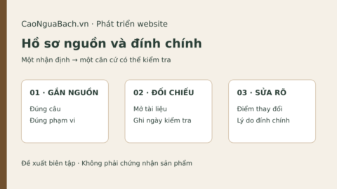 Sơ đồ hồ sơ nguồn và đính chính gồm gắn nguồn đúng phạm vi, đối chiếu tài liệu và ghi rõ thay đổi