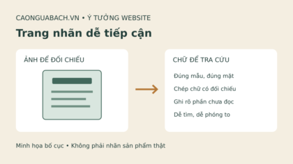 Sơ đồ trang nhãn CaoNguaBach.vn: ảnh để đối chiếu, chữ để tra cứu; đúng mẫu, chép chữ có đối chiếu, ghi phần chưa đọc, dễ phóng to. Không phải nhãn thật.
