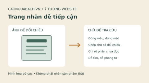 Sơ đồ trang nhãn CaoNguaBach.vn: ảnh để đối chiếu, chữ để tra cứu; đúng mẫu, chép chữ có đối chiếu, ghi phần chưa đọc, dễ phóng to. Không phải nhãn thật.